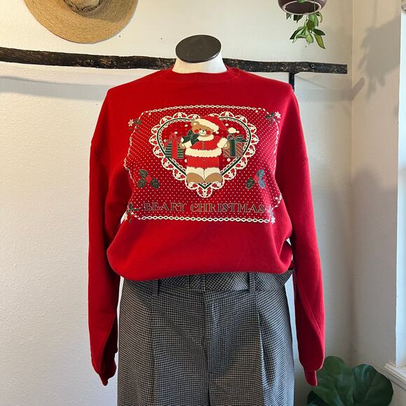 Vintage 90s Red Holiday Berry Christmas Bear Crewneck Sweatshirt Size XL USA - Picture 1 of 11
